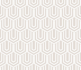 Vector subtle geometric seamless pattern with hexagons, lines. Elegant beige and white abstract minimal background with hexagonal grid. Simple delicate texture. Repeated geo design for decor, print - 780903720