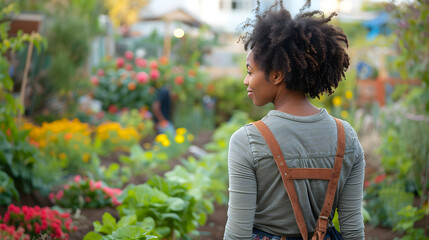 Fototapeta premium Curly-haired African American woman admires greenhouse filled with flowers and plants