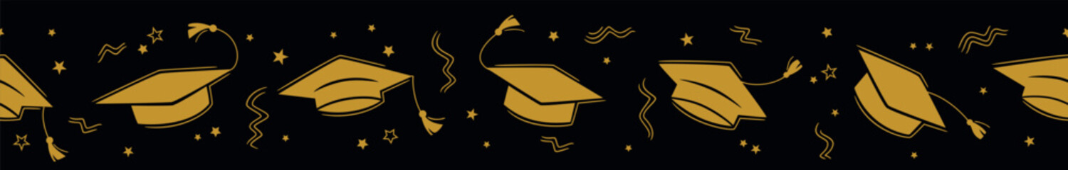 Graduation seamless border with the square academic cap high into the air on black background. Graduate hats in the air gold confetti. Flat vector illustration pattern. Grad party horizontal poster