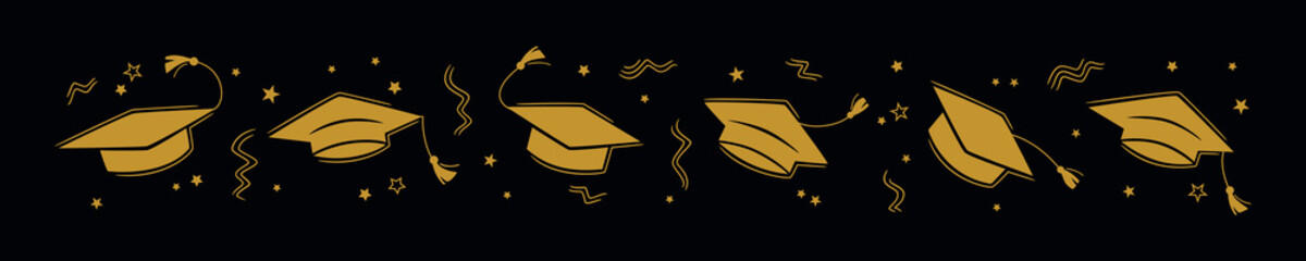 Graduation border with the square academic cap high into the air on white background. Graduate hats in the air gold confetti. Flat vector illustration on the black. Grad party horizontal poster