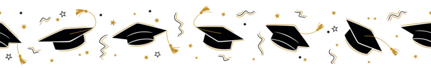 Graduation seamless border with the square academic cap high into the air on white background. Graduate hats in the air gold confetti. Flat vector illustration pattern. Grad party horizontal poster