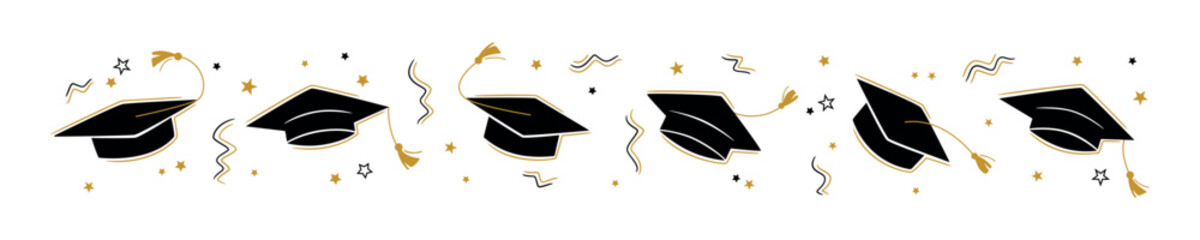 Graduation border with the square academic cap high into the air on white background. Graduate hats in the air gold confetti. Flat vector illustration. Grad party horizontal poster