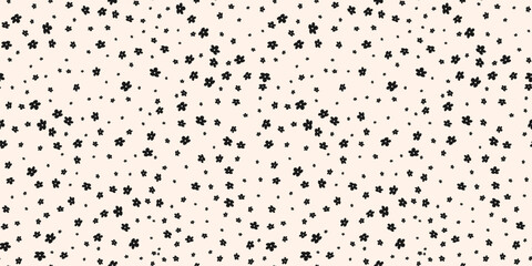 Ditsy pattern. Simple vector black and white seamless ornament with small flowers. Elegant abstract floral background. Minimal monochrome texture. Repeated design for decor, textile, wallpaper, print - 780903780