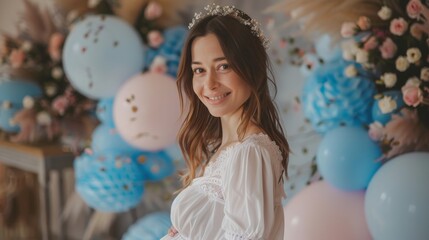 Naklejka premium Happy pregnant woman having a gender reveal party in blue and pink colors. Gender reveal, it is a boy or girl concept. Generative ai