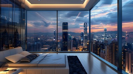 An ultra-modern bedroom with a panoramic window offering a view of a sprawling city at twilight,...