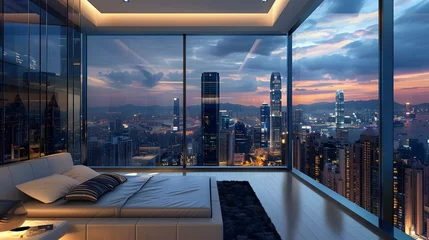 Zelfklevend Fotobehang An ultra-modern bedroom with a panoramic window offering a view of a sprawling city at twilight, with skyscrapers lit up against the evening sky. The room has a sophisticated, monochrome color scheme © Love Mohammad