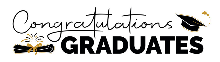Congratulations graduates banner concept. Congrats graduates text with mortarboard cap. Graduation design template for websites, social media, greeting cards. Vector illustration isolated on white