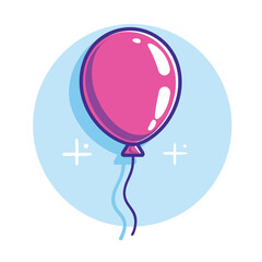 Pink cartoon birthday balloon with a blue isolated background flat vector illustration