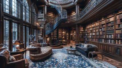 Inside a Multi-Story Library of Antique Collections - obrazy, fototapety, plakaty