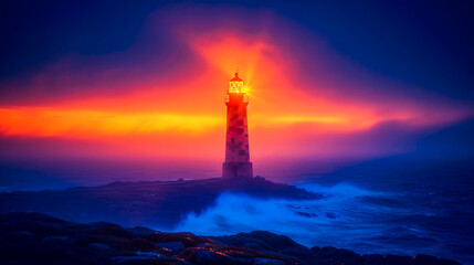 Lighthouse beams playfully dance and twirl, creating a vibrant light show along the coastal horizon
