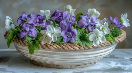 Obraz na płótnie Canvas A basket overflowing with purple and white blooms atop a white and purple floral bed, itself nestled upon another layer of white and purple blossoms
