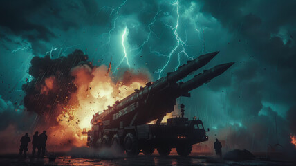 Long-Range Missile Launcher Against a Stormy Sky - obrazy, fototapety, plakaty