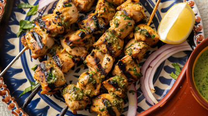 Traditional pakistani chicken skewers with herbs - obrazy, fototapety, plakaty