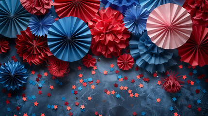 Red white and blue paper fans with stars confetti. Flat lay, top view copy space.  paper fans and confetti usa flag colors top view on blue background. Copy space,  Ai generated