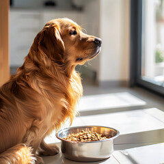 Depicting Weighty Challenge: Golden Retriever Refusing to Eat His Fill in Bright Kitchen - obrazy, fototapety, plakaty