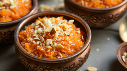 Traditional pakistani carrot halwa in earthen bowls - obrazy, fototapety, plakaty