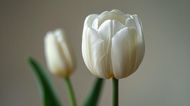   A tight shot of two white tulips in a vase - one fully bloomed, the other on the brink