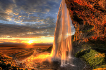 Fototapeta na wymiar Seljalandfoss waterfall at sunset in Iceland with sunset