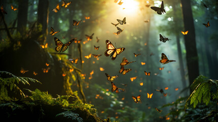 Obraz na płótnie Canvas Monarch butterflies. Millions of butterflies create a living carpet on the forest