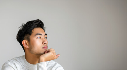 Thoughtful asian man thinking and wondering with hand touching skin as thinking gesture on white background