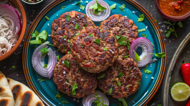 Overhead view of spicy chapli kebabs, a classic pakistani dish, served with sides