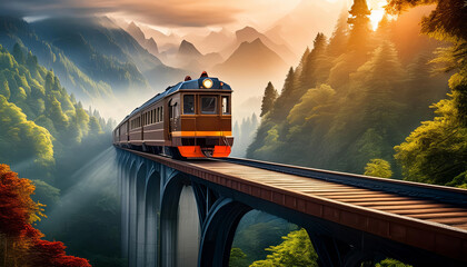 A train rolling over a bridge - obrazy, fototapety, plakaty
