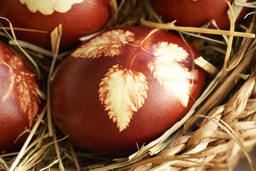 Brown Easter egg dyed with onion peels with a pattern of fresh fresh leaves in a wicker basket