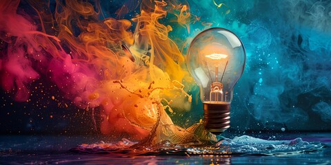 A light bulb is floating in a colorful splash of water - obrazy, fototapety, plakaty