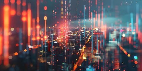 Obraz premium Double exposure image featuring a forex chart overlaid on a city view, blending financial data with urban landscapes