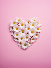 Valentine's Day. Heart made of white daisies on a pink background. Heart symbol made of white flowers on pink background. Love, wedding, birthday	
