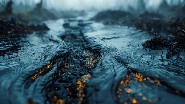 Blackened Waters.  Stark Reminder of Oil Spill Disasters