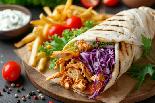 Greek gyros with fries, vegetables, chicken meat and yogurt sauce. Generative AI