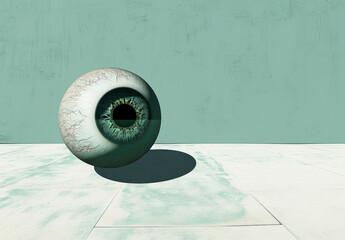 Closeup of a mesmerizing eye in front of a green wall on a white floor
