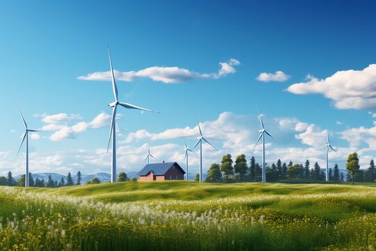 Wind generators stand in a field in the countryside, grass and trees grow. Concept: ecology and environmental care
