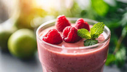 Close-up of fresh fruity smoothie in glass with raspberries