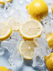 Fresh juicy wet lemons and ice tubes, vibrant lemon slices floating amidst crystal clear ice cubes. Citrus fruits with drops of water. Flat lay, top view	
