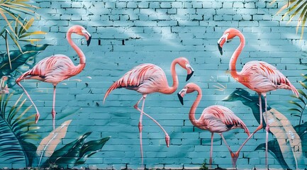Brick wall mural, exotic pink birds on sea blue background, tropical motif with flamingos