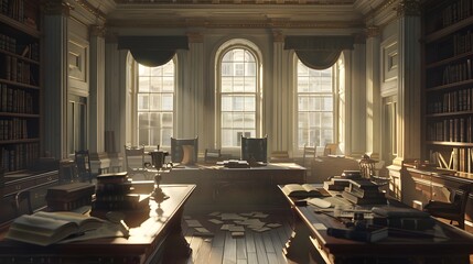 The drafting of the Declaration of Independence in 1776, with Thomas Jefferson and the Committee of Five discussing over a draft, in a room filled with books, quill pens, and parchment,