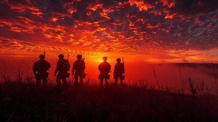 The silhouette of the US soldiers on sunset With USA flag copy space, Ai generated