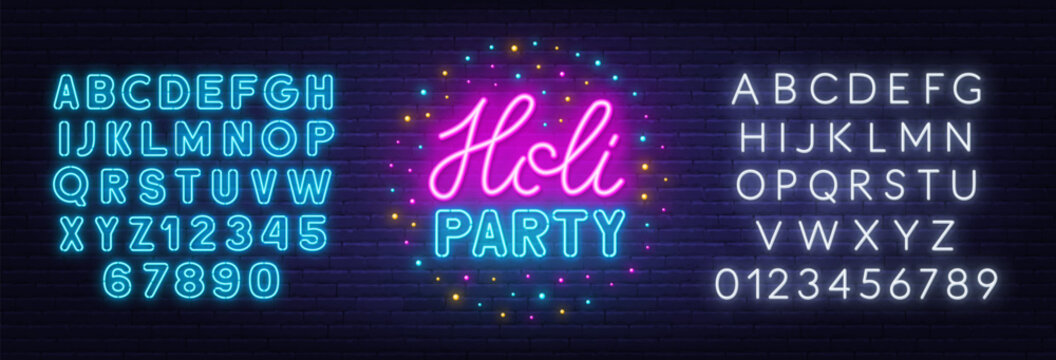 Holi Party Neon Sign on brick wall background.