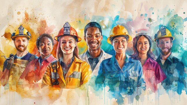 Labor Day. Watercolor illustration of a diverse group of workers from various professions.