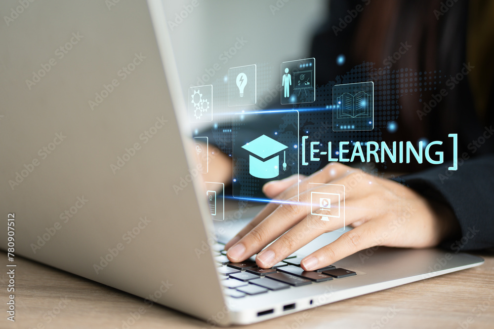 Poster E-learning education, internet lessons and online webinar. Person who attends online lessons on a digital screen. Education internet Technology. Education Distance E-learning Online Learning..