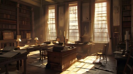 The drafting of the Declaration of Independence in 1776, with Thomas Jefferson and the Committee of Five discussing over a draft, in a room filled with books, quill pens, and parchment - obrazy, fototapety, plakaty