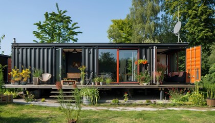 Modern container house, Modern shipping container house, modern industry exterior style house made from converted shipping container, Modern shipping container house home, tiny house in sunny day. Shi