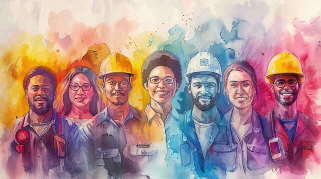 Labor Day. Watercolor illustration of a diverse group of workers from various professions.