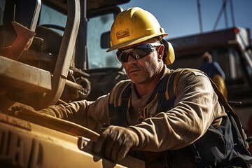 Portrait of a road worker in a hard hat and goggles sitting near heavy equipment - obrazy, fototapety, plakaty