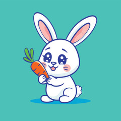 White bunny rabbit holding a carrot cartoon illustration vector design