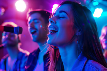 Happy Friends Singing Karaoke in Club Together