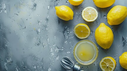 The entire image background showcases a glass of lemon juice placed beside a fresh lemon and a lemon squeezer. The backdrop is gray with a camouflage pattern in yellow tones
