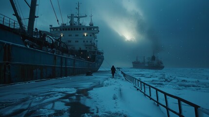 ship in the dark in the arctic - obrazy, fototapety, plakaty